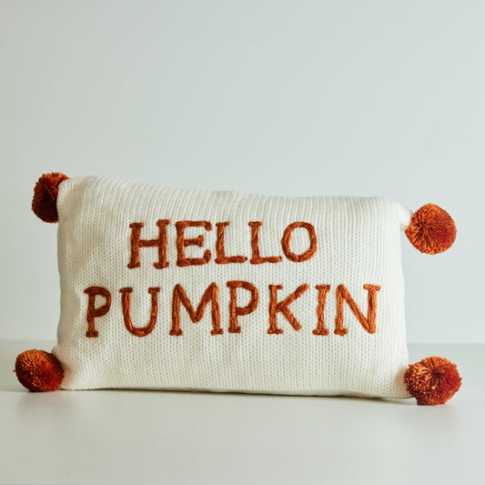 Embroidered "Hello Pumpkin" Pillow with Poms